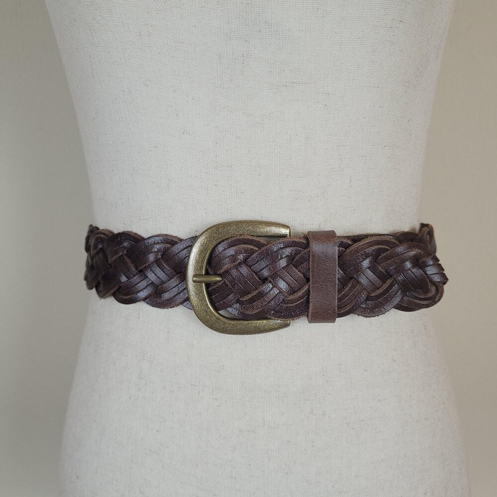 Brown Leather Belt Medium Wide Braided Woven Waist Brass Buckle Boho Western